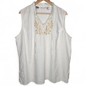 Edward Irish Linen Top Women's Metallic Gold Embroidered Sleeveless Floral 3X